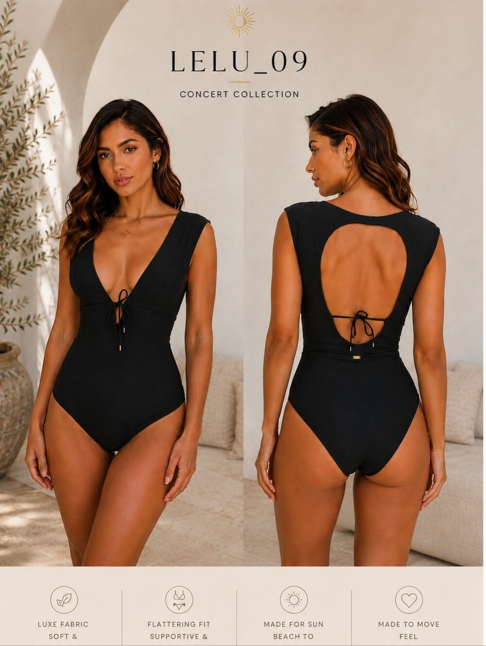 Amoressa Black One Piece Swimsuit Plunge Neck Open Back Tie Detail SZ 12